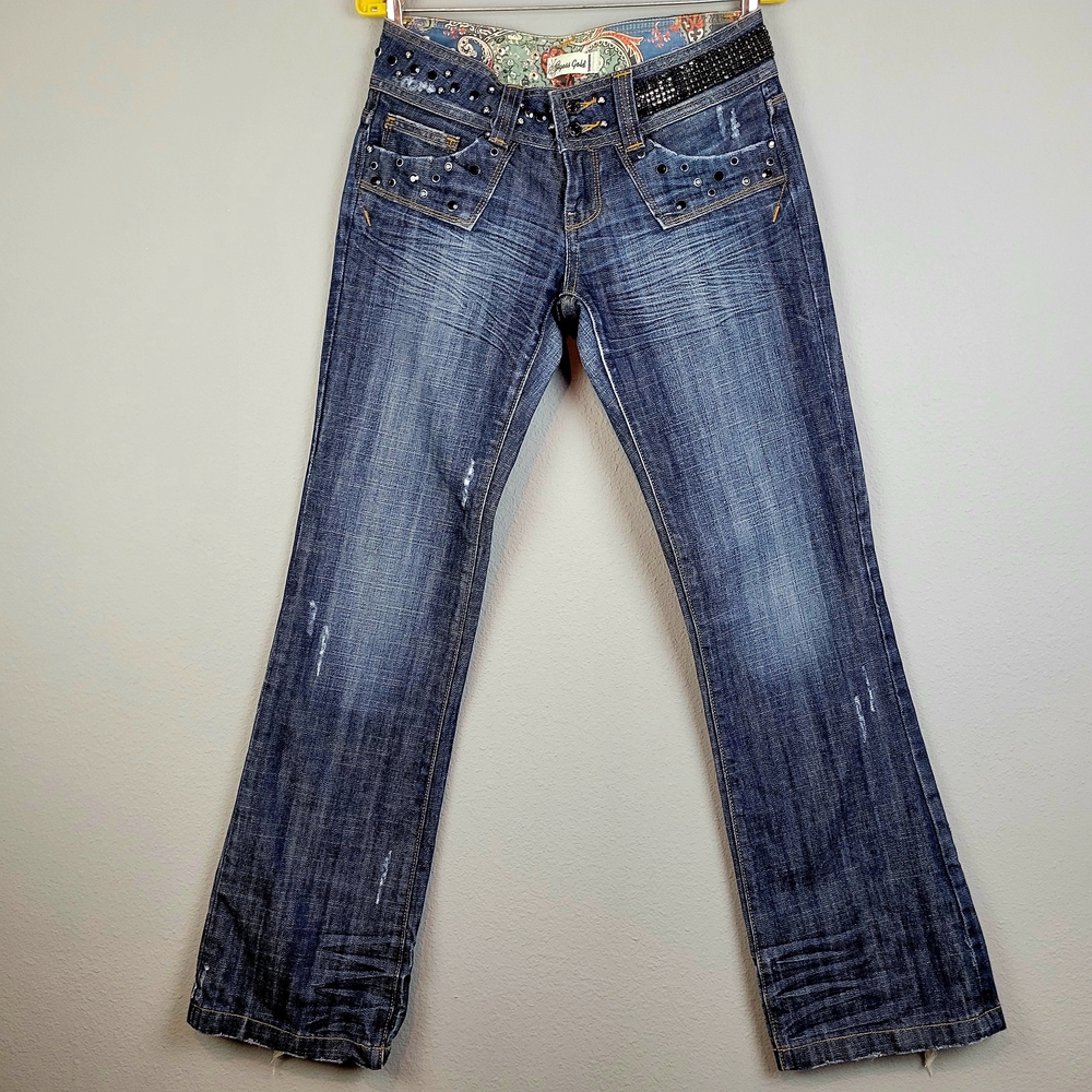 Vigoss Gold Womens 9/10 Bootcut~Jeans~~32W×32L~Embelished~Rhinestones~Distressed